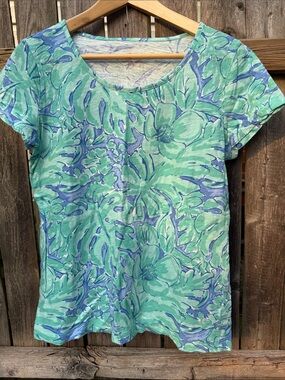 Vineyard Vines Blue Green Tropical Floral Slub Cotton Tee Shirt